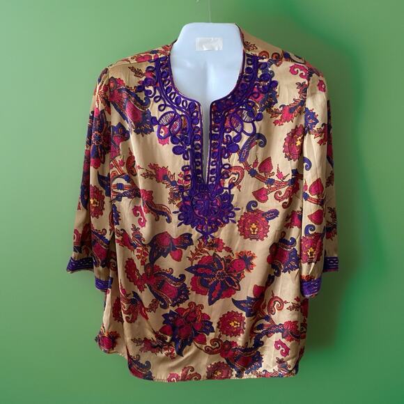 Jones New York Women Plus 2X Jewel Tone Embroidered 3/4 Sleeve Tunic Top - Picture 1 of 5